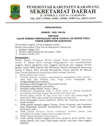 Tok!, Seleksi Calon Direksi PDAM Karawang Resmi Dibuka, Yuk Simak ...