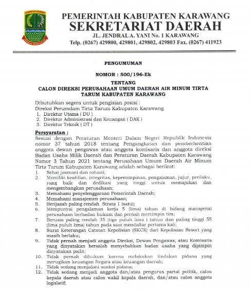 Tok Seleksi Calon Direksi Pdam Karawang Resmi Dibuka Yuk Simak 