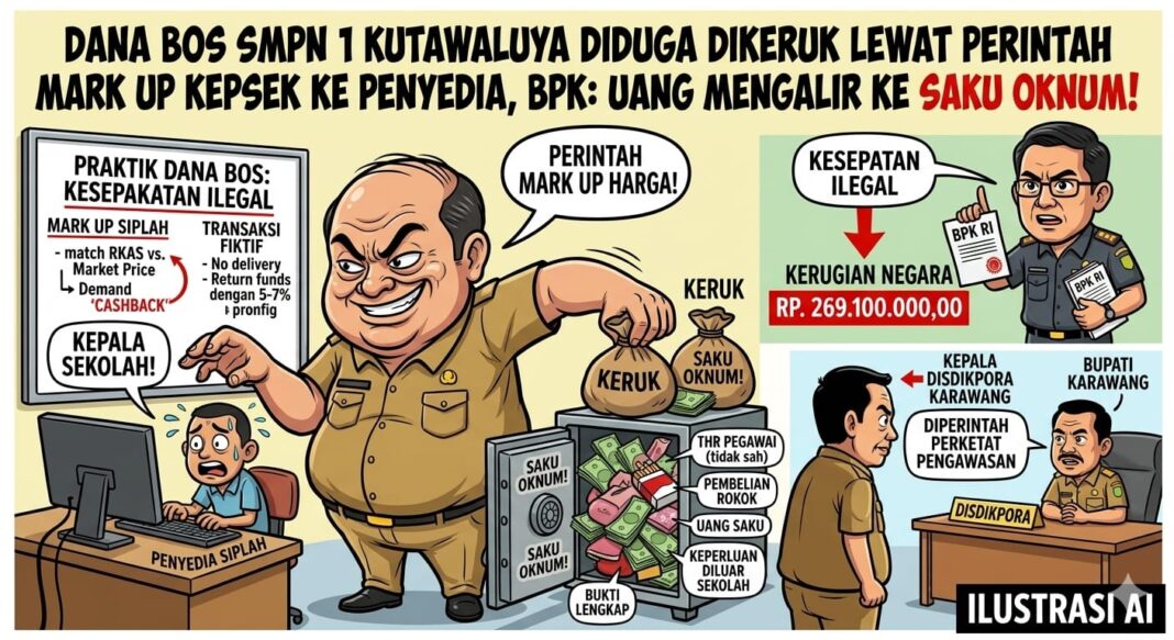 Dana BOS SMPN 1 Kutawaluya Diduga Dikeruk Lewat Perintah Mark Up Kepsek ke Penyedia, BPK: Uang Mengalir ke Saku Oknum!
