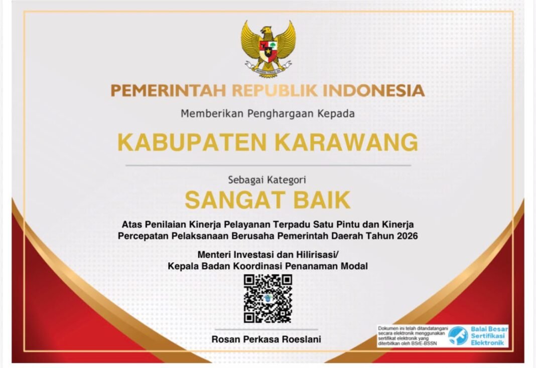 Karawang Sabet Penghargaan Nasional dari Kementerian Investasi, Realisasi Investasi Semester I 2026 Tembus Rp20,43 Triliun